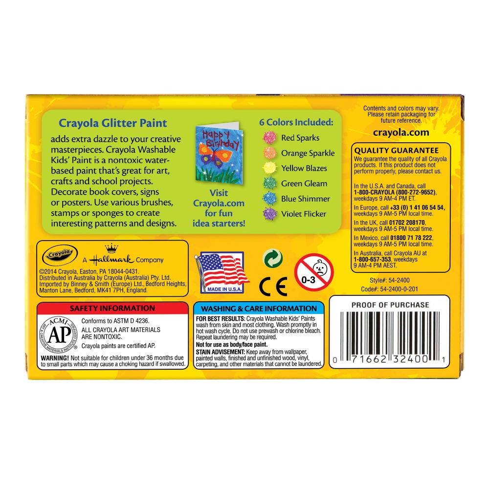 6ct. Washable Glitter Project Paint - 2oz. Bottles